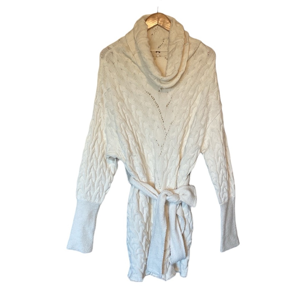 Free People Cream Cable Knit Turtle Neck Waist Tie Mini Sweater Dress S
